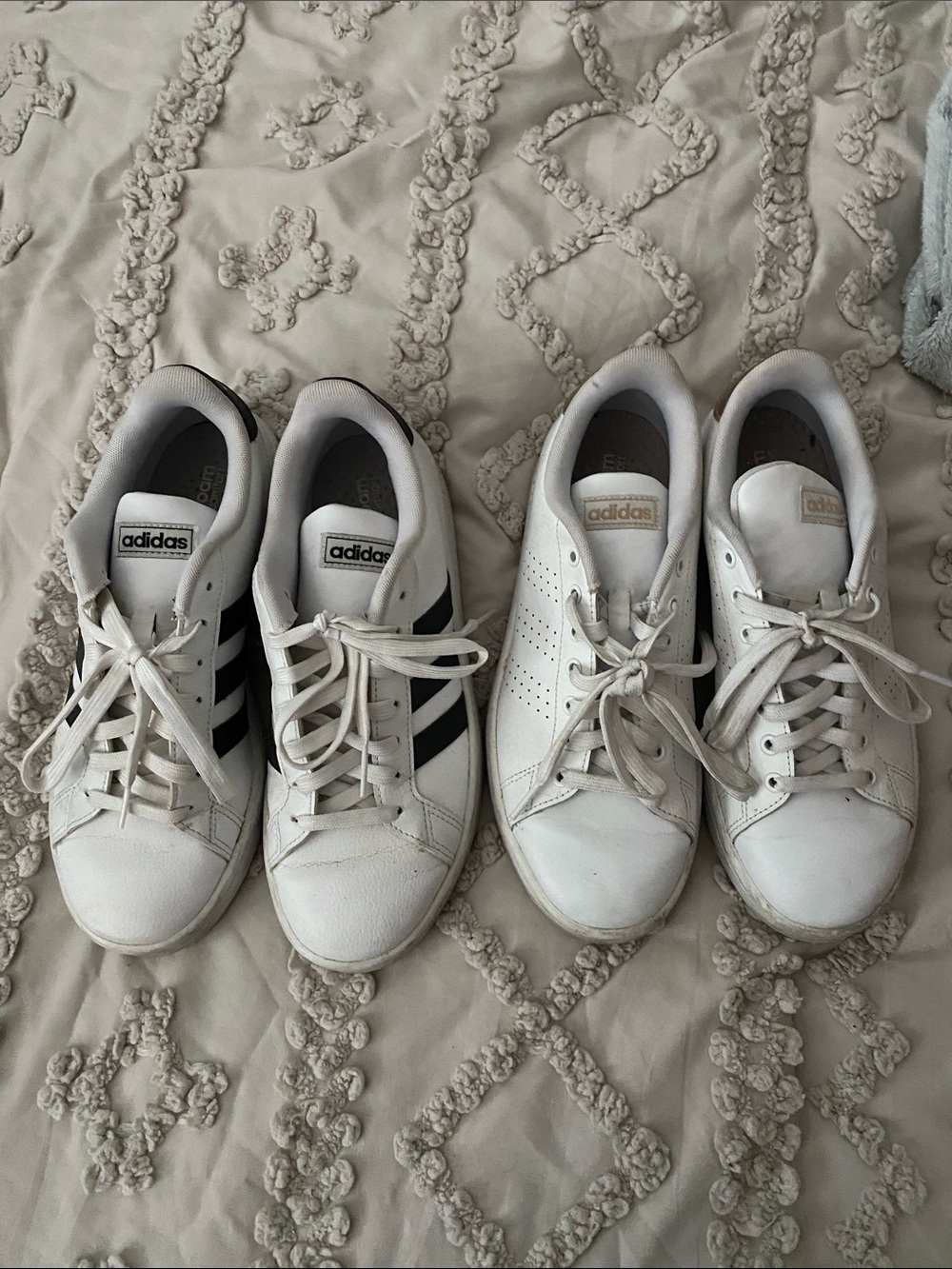 adidas White Sneakers with Black Stripes & All-White Pair